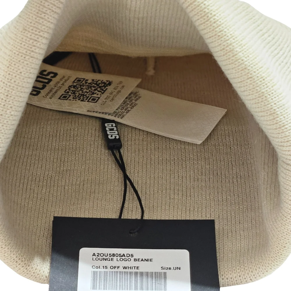 GCDS Beanie Hat Off White Lounge Logo Beanie Knit Neutral Outdoor Minimalist